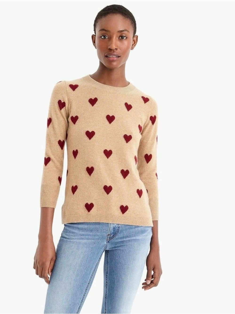 J.Crew Everyday Cashmere Crewneck Sweater with Intarsia Knit Hearts Size M